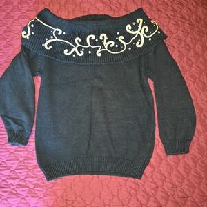 VINTAGE Cowlneck‎ Black Sweater Gold Details Sparkles Women